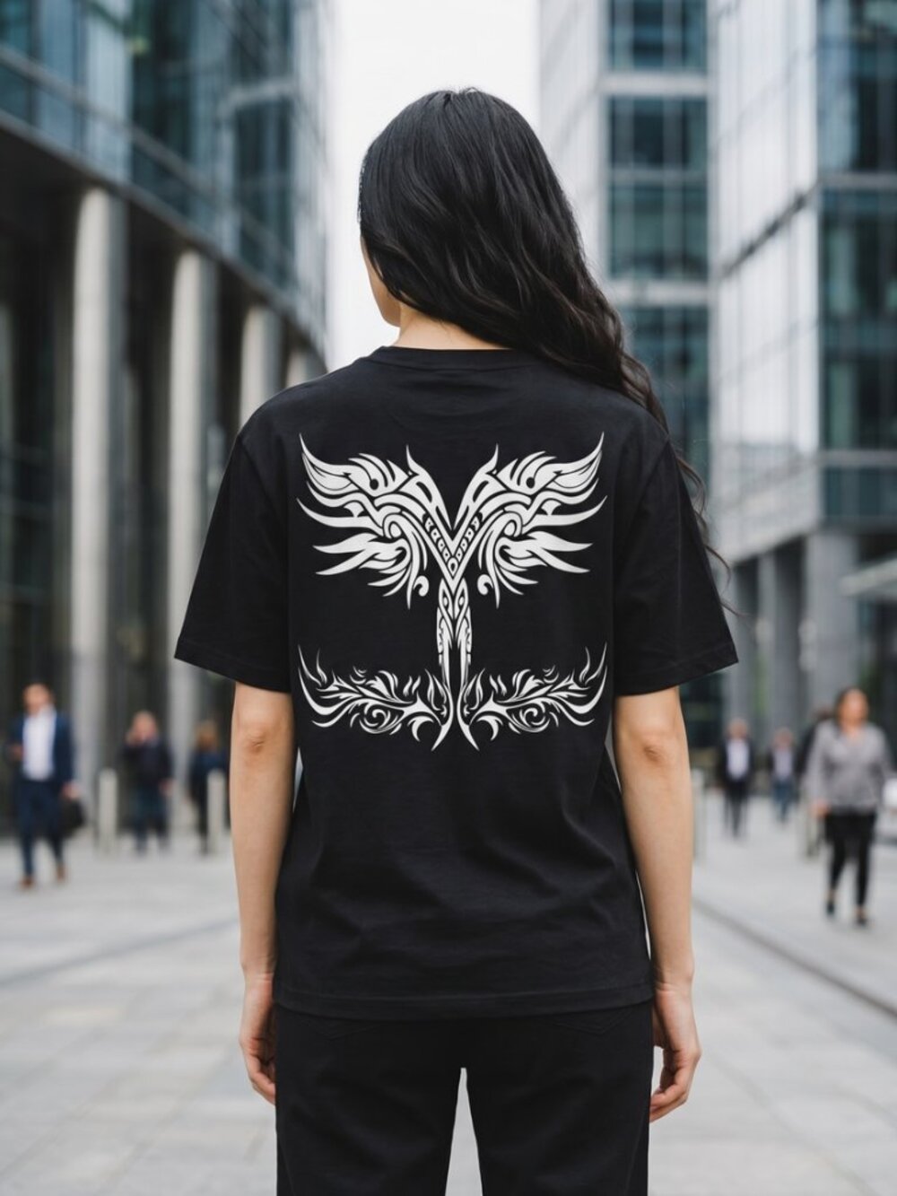 Tribal Phoenix Wings Graphic T-Shirt, Black SIZE L